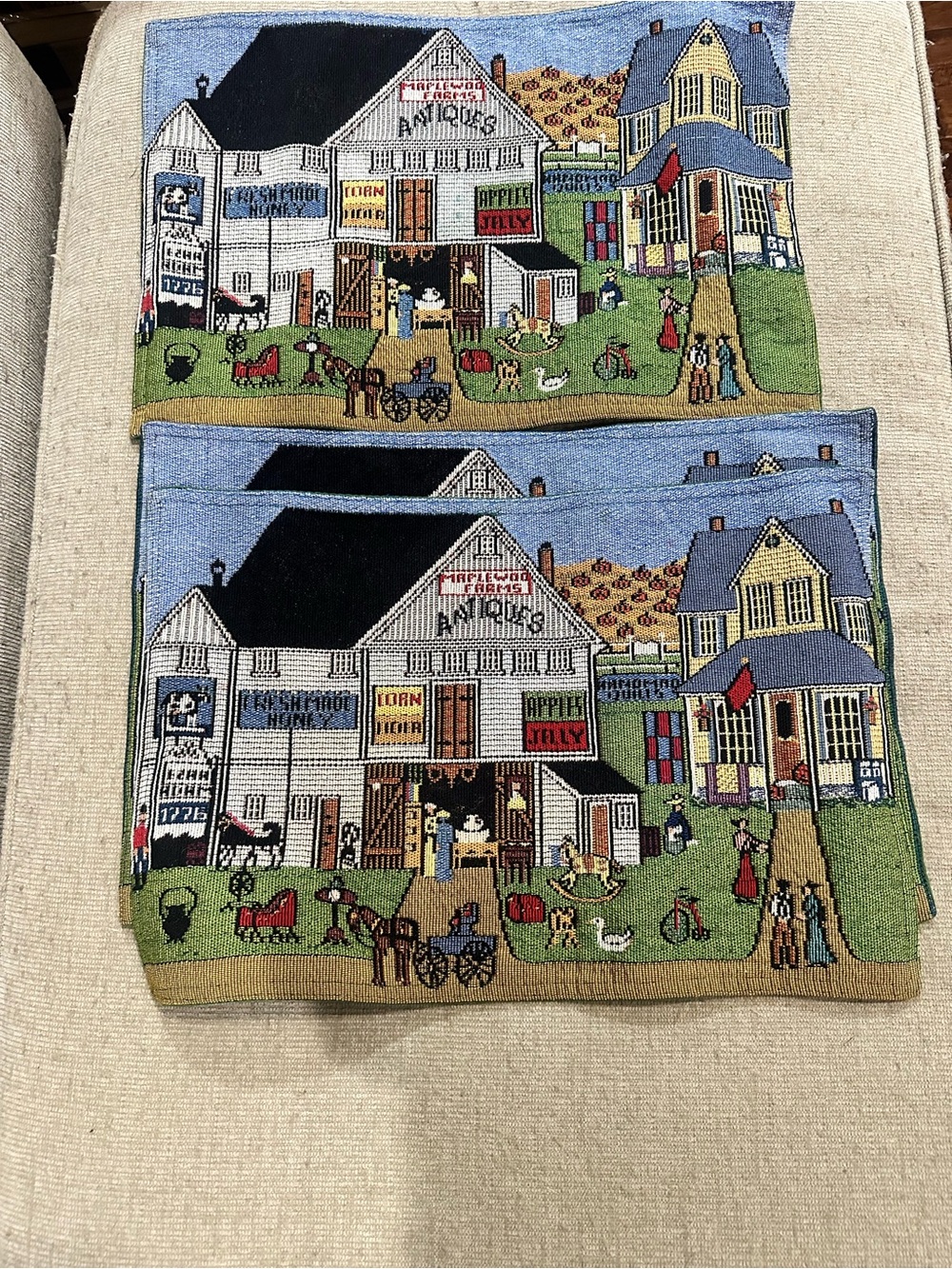 Vintage Farmhouse Tapestry three piece placemats with Village Scene